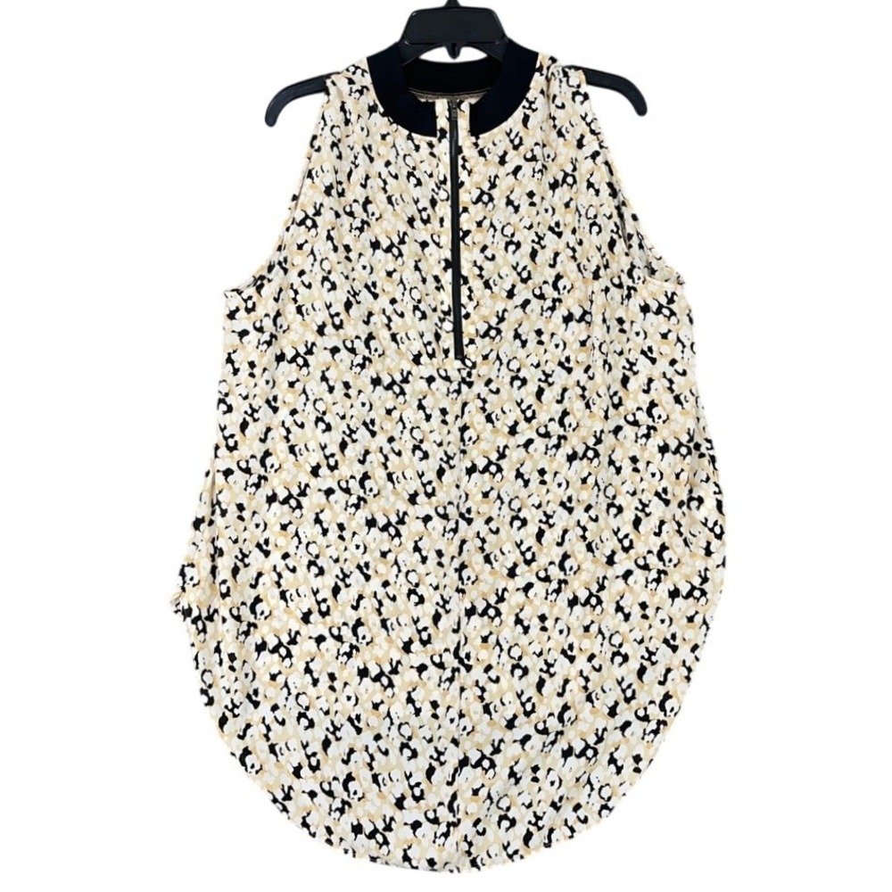 Loft Animal Print Sleeveless Blouse Quarter Zip Mock Neck High Low Hem XL Womens